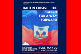Man carrying Haitian flag; info: Haiti in Crisis